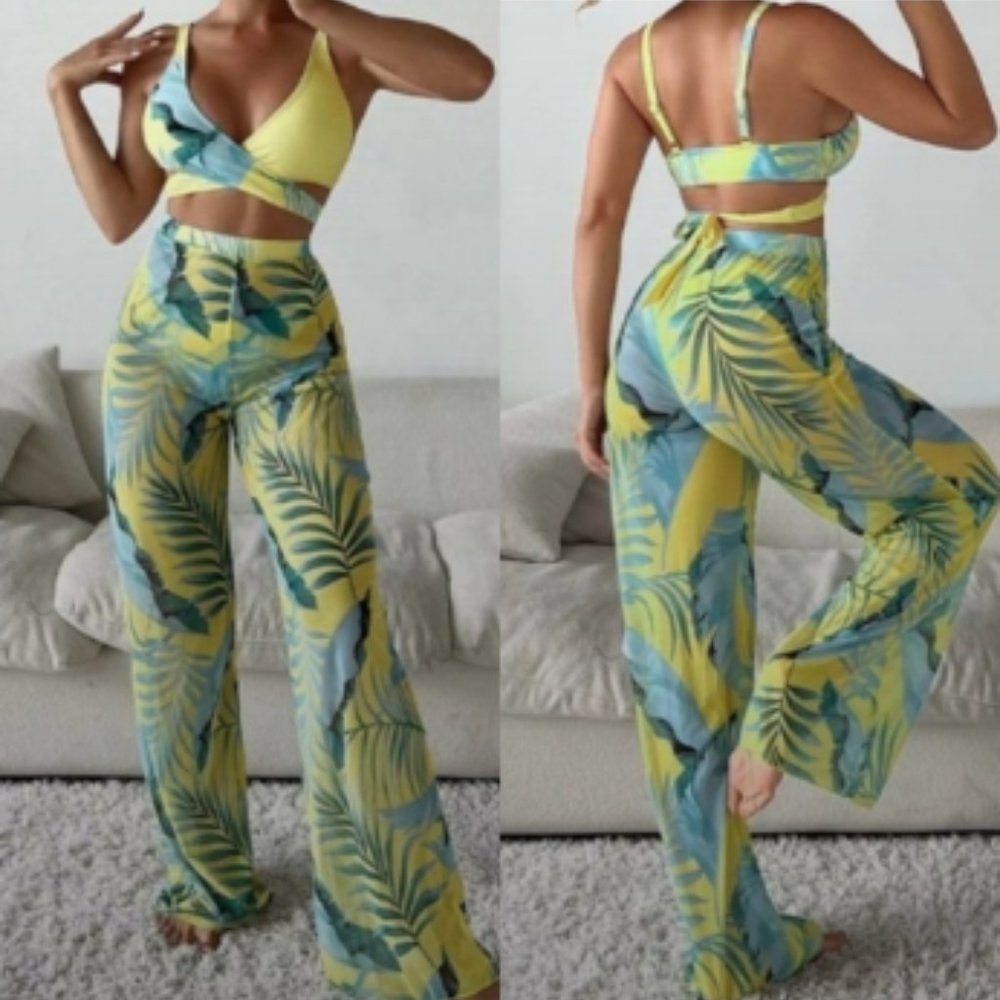 3PC Tropical Vibe Bikini Swimsuit Set Criss Cross Tie Front Sheer Pants New Sz L